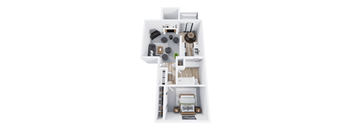 A top-down view of a small apartment with a bedroom, living room, and kitchen.