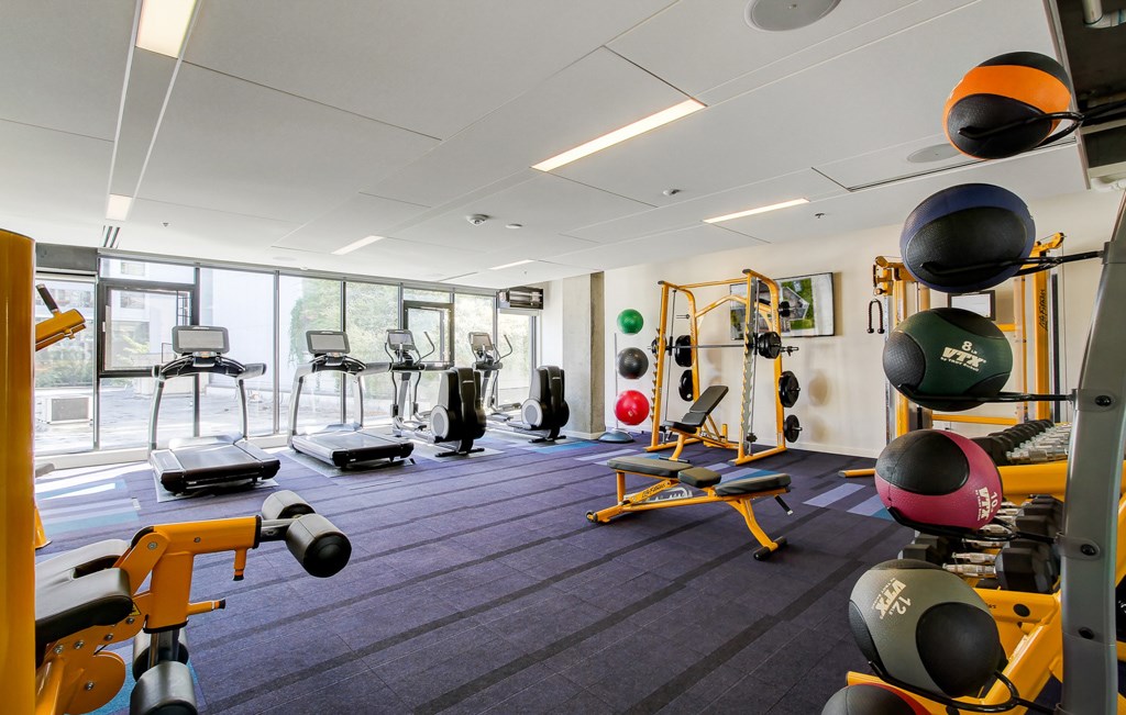 A gym with a variety of equipment including weights and exercise machines.