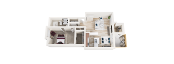 A top down view of a house layout with a living room, kitchen, and two bedrooms.