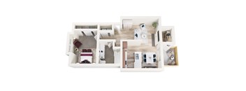 A top down view of a small apartment with a living room, kitchen, and bedroom.