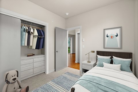 A bedroom with a bed, a wardrobe, and a painting of a penguin on the wall.
