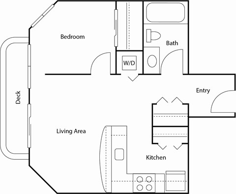 A floor plan of a house with a bedroom, bath, living area, and kitchen.
