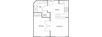 A floor plan of a house with a kitchen, living area, bedroom, bath, and a wet/dry area.