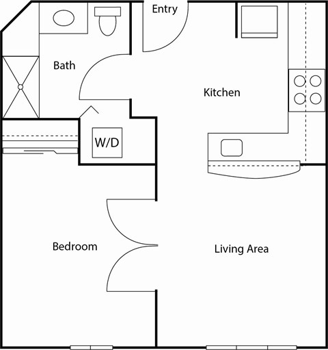 A floor plan of a house with a kitchen, living area, bedroom, bath, and a wet/dry area.