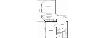A floor plan of a house with a kitchen, living area, dining area, bedroom, and bathroom.