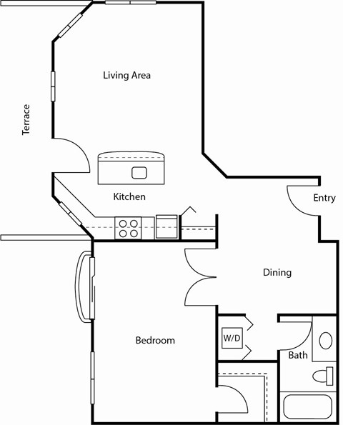 A floor plan of a house with a kitchen, living area, dining area, bedroom, and bathroom.