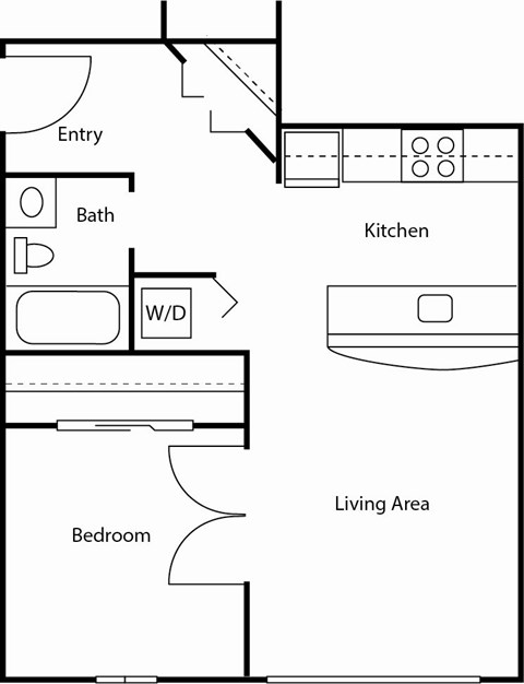 A floor plan of a living area with a kitchen, bathroom, and bedroom.