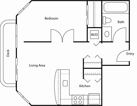 A floor plan of a house with a bedroom, bath, living area, kitchen, and deck.