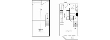 A floor plan of a house with a living area, kitchen, bath, and deck.