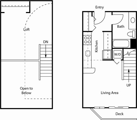 A floor plan of a house with a living area, kitchen, bath, and deck.
