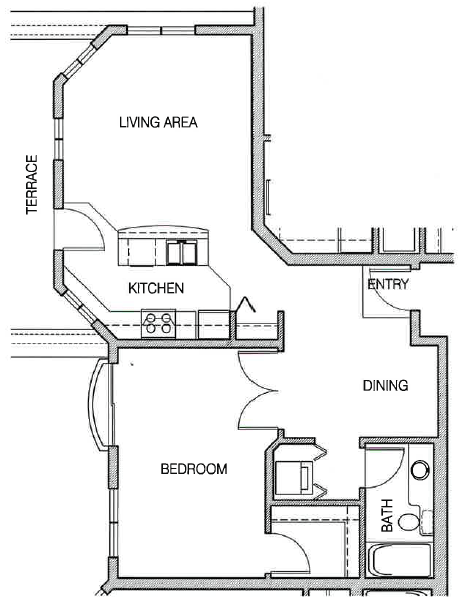 A floor plan of a house with a living area, kitchen, dining area, and bedroom.