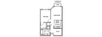 A floor plan of a small apartment with a deck.