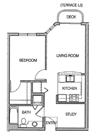 A floor plan of a small apartment with a deck.