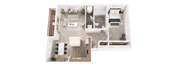 A top-down view of a modern apartment layout with a living room, dining area, kitchen, and bedrooms.