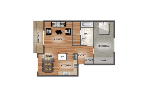 One Bed One Bath Floor Plan | Brookstone Apartments in Seatac, WA