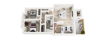 A top-down view of a house layout with multiple rooms.