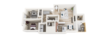 A top-down view of a house layout with multiple rooms and furniture.