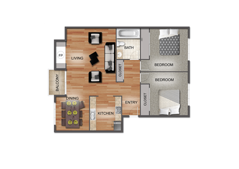 Two Bedroom One Bathroom Floor Plan | Brookstone Apartments in Seatac, WA