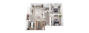 A top-down view of a small apartment layout with a kitchen, living room, and bedroom.