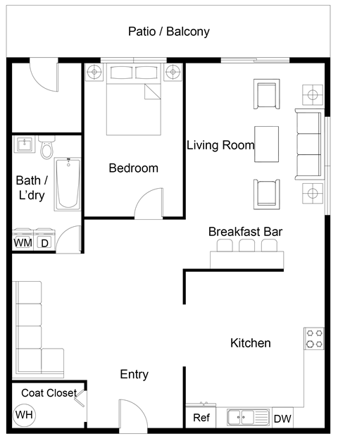 a floor plan of a small house with a kitchen and a living room