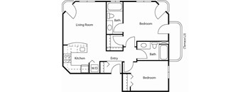 A floor plan of a home with a living room, kitchen, and two bedrooms.