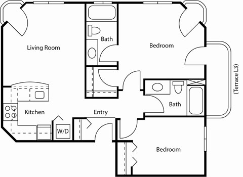 A floor plan of a home with a living room, kitchen, and two bedrooms.