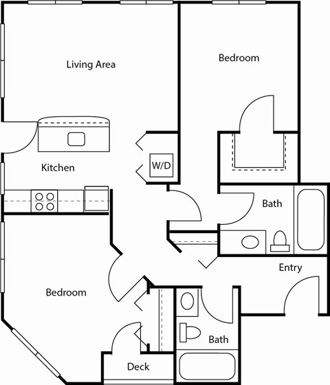 A black and white image of a floor plan for a house with a living area, kitchen, two bedrooms, a bath, an entry, and a deck.