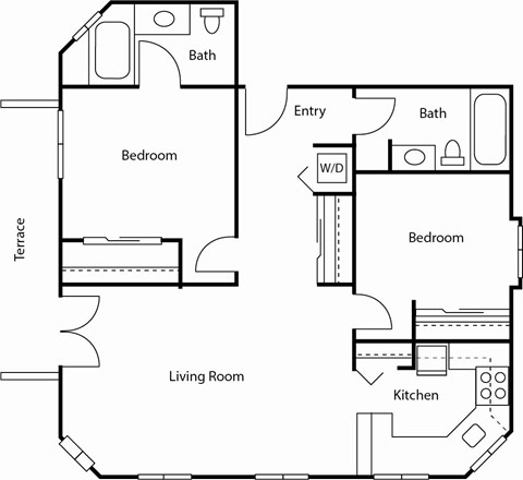A floor plan of a house with two bedrooms, a living room, a kitchen, and bathrooms.