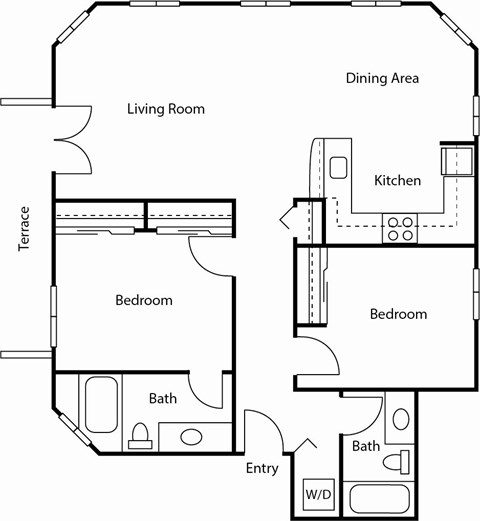 A floor plan of a house with a living room, dining area, kitchen, two bedrooms, two bathrooms, and a terrace.