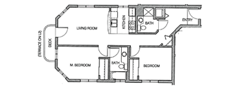 A floor plan of a small apartment with a living room, kitchen, two bedrooms and a terrace.