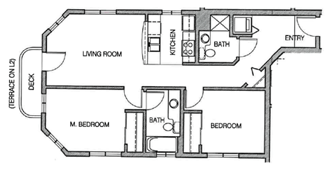 A floor plan of a small apartment with a living room, kitchen, two bedrooms and a terrace.