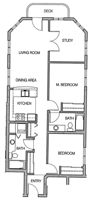 A floor plan of a house with a deck, study, living room, dining area, kitchen, bathroom, and two bedrooms.