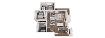 A top-down view of a house layout with a kitchen, living room, and bedrooms.