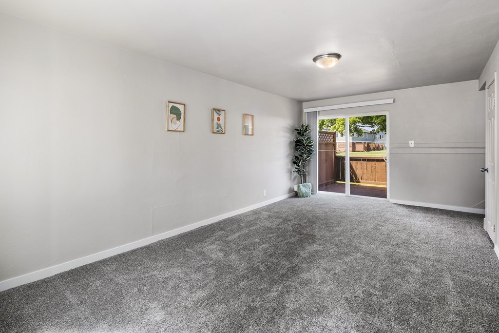 A room with grey carpet and three pictures on the wall.