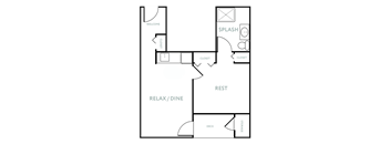 A floor plan of a room with a relax/dine area, a rest area, and a splash area.