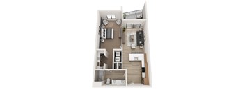 A top-down view of a small apartment with a kitchen, living room, and bathroom.
