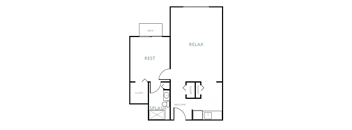 A floor plan of a house with a deck, rest area, closet, pantry, and a splash area.