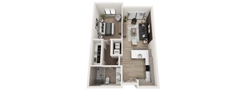 A top-down view of a modern apartment layout with a living room, kitchen, and bathroom.
