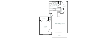 A floor plan of a house with a splash, pantry, and rest area.