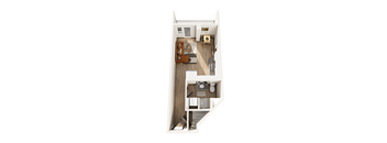 A top down view of a small apartment with a kitchen, living room and bathroom.