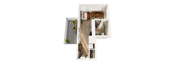 A top down view of a small apartment with a balcony.