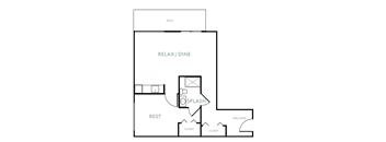 A floor plan of a house with a deck, relax/dine area, and a rest area.