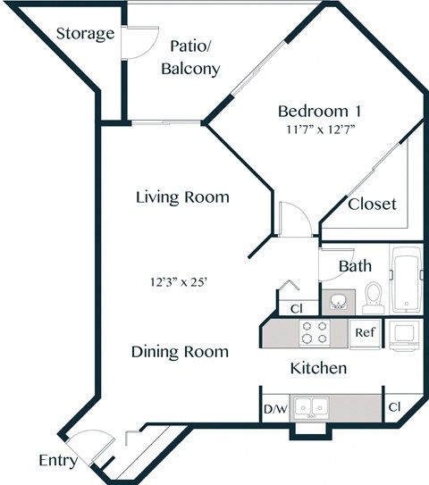 1 Bedroom 1 Bathroom Floor Plan