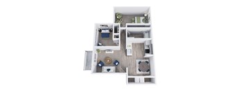 A top down view of a small apartment with a kitchen, living room, and bedroom.