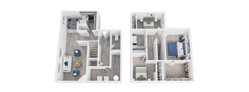 A floor plan of a house with two bedrooms, a living room, a kitchen, and a bathroom.