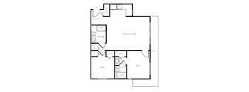 A floor plan of a house with a pantry, two splashes, two closets, two rests, a relax/dine area, and a deck.