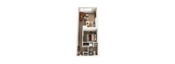 A small apartment with a kitchen, living room and bathroom.