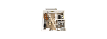 A top down view of a small apartment with a kitchen, living room and bathroom.
