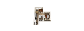 A top-down view of a small apartment with a kitchen, living room, and bathroom.