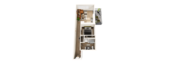 A top down view of a small apartment with a kitchen, living room and bathroom.